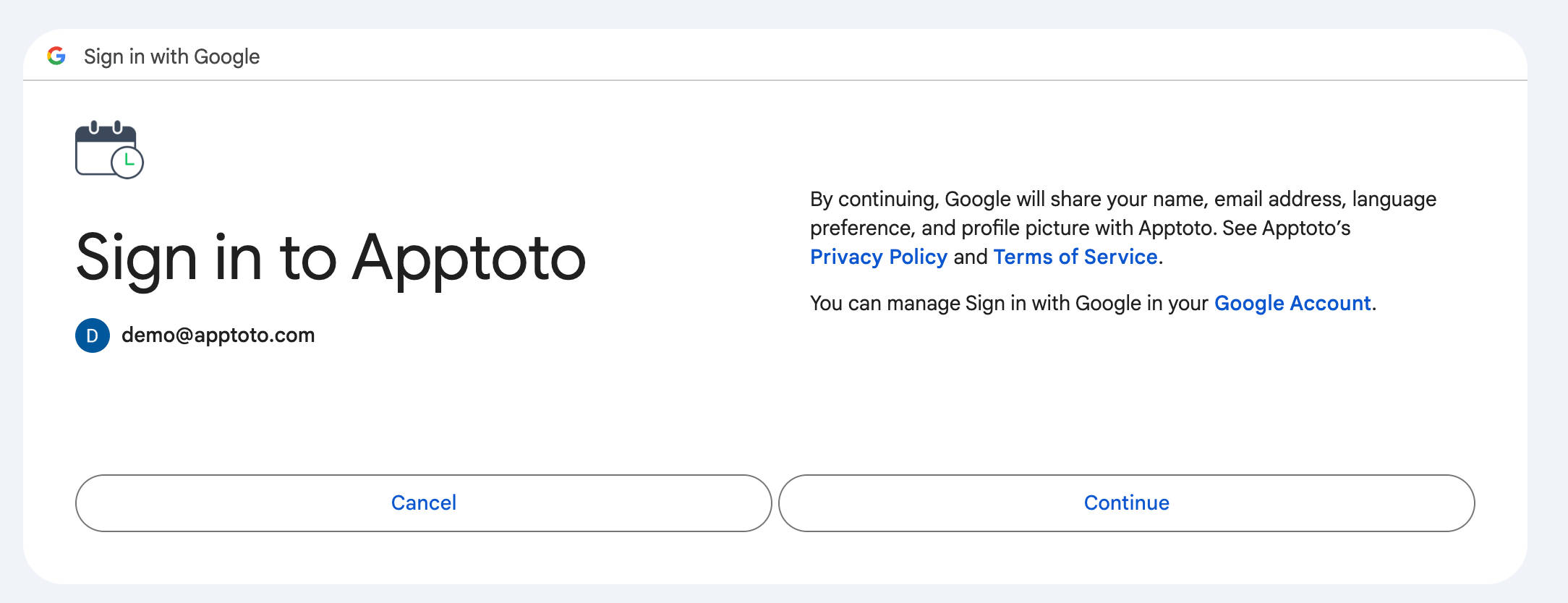 Grant Google the permission to share your information with Apptoto